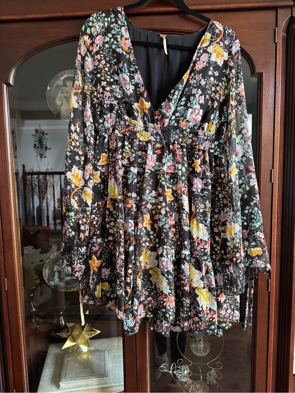 Free People Black Floral Tiered Mini Dress with Multicolor Blooms